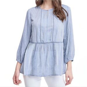 Fever Blue Rayon Peasant BoHo Stripe Lightweight Blouse